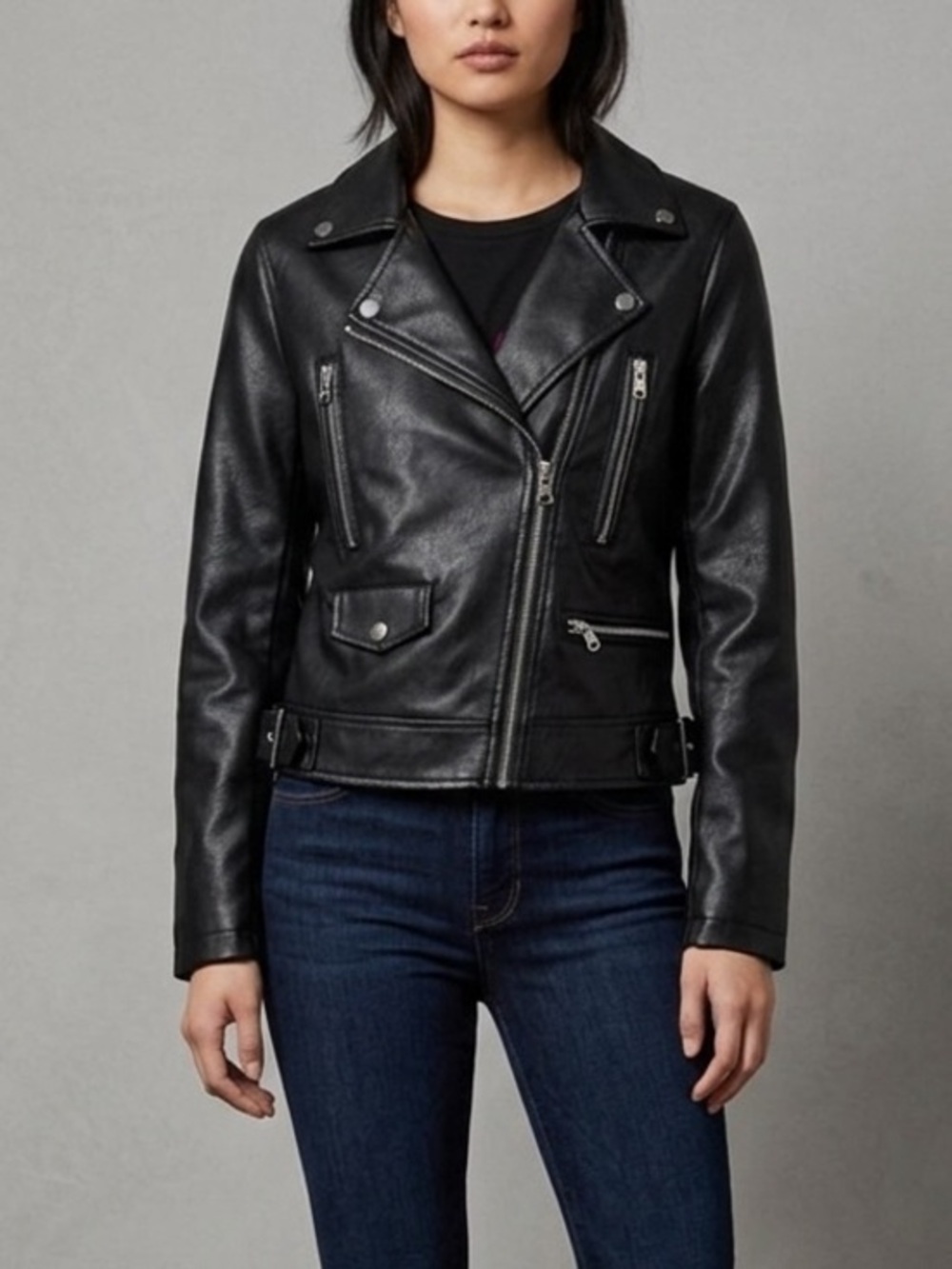 Love Tree NEW Sleek Black Faux Leather Moto Jacket with Crimson Lining